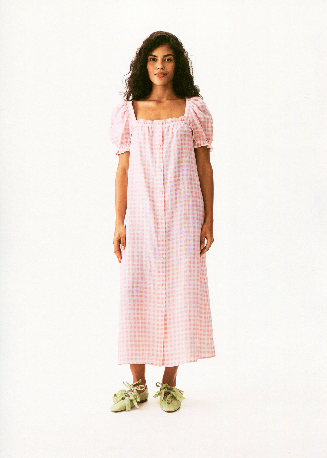 Brigitte Linen Midi Dress in Pink vichy
