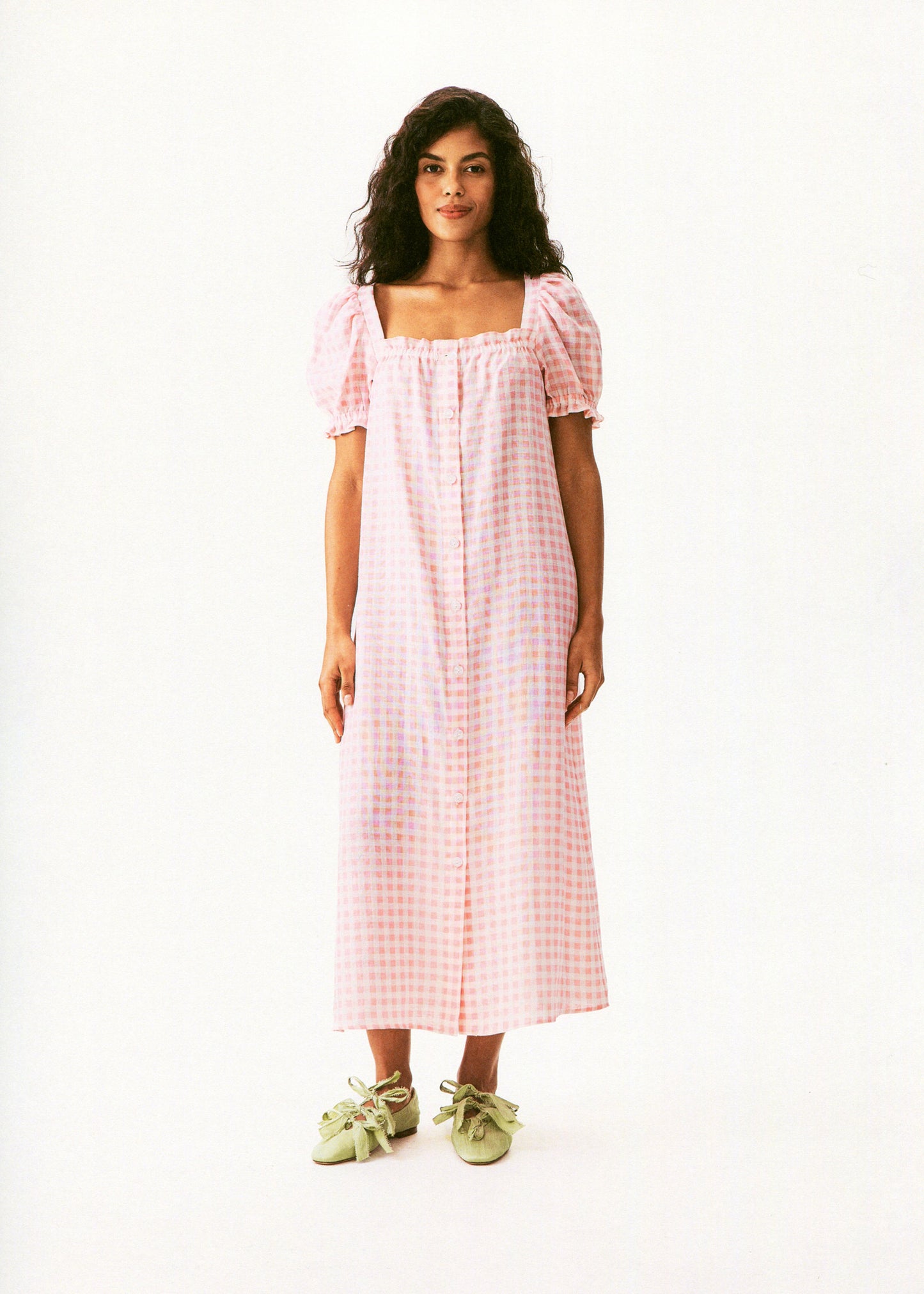 Brigitte Linen Midi Dress in Pink vichy