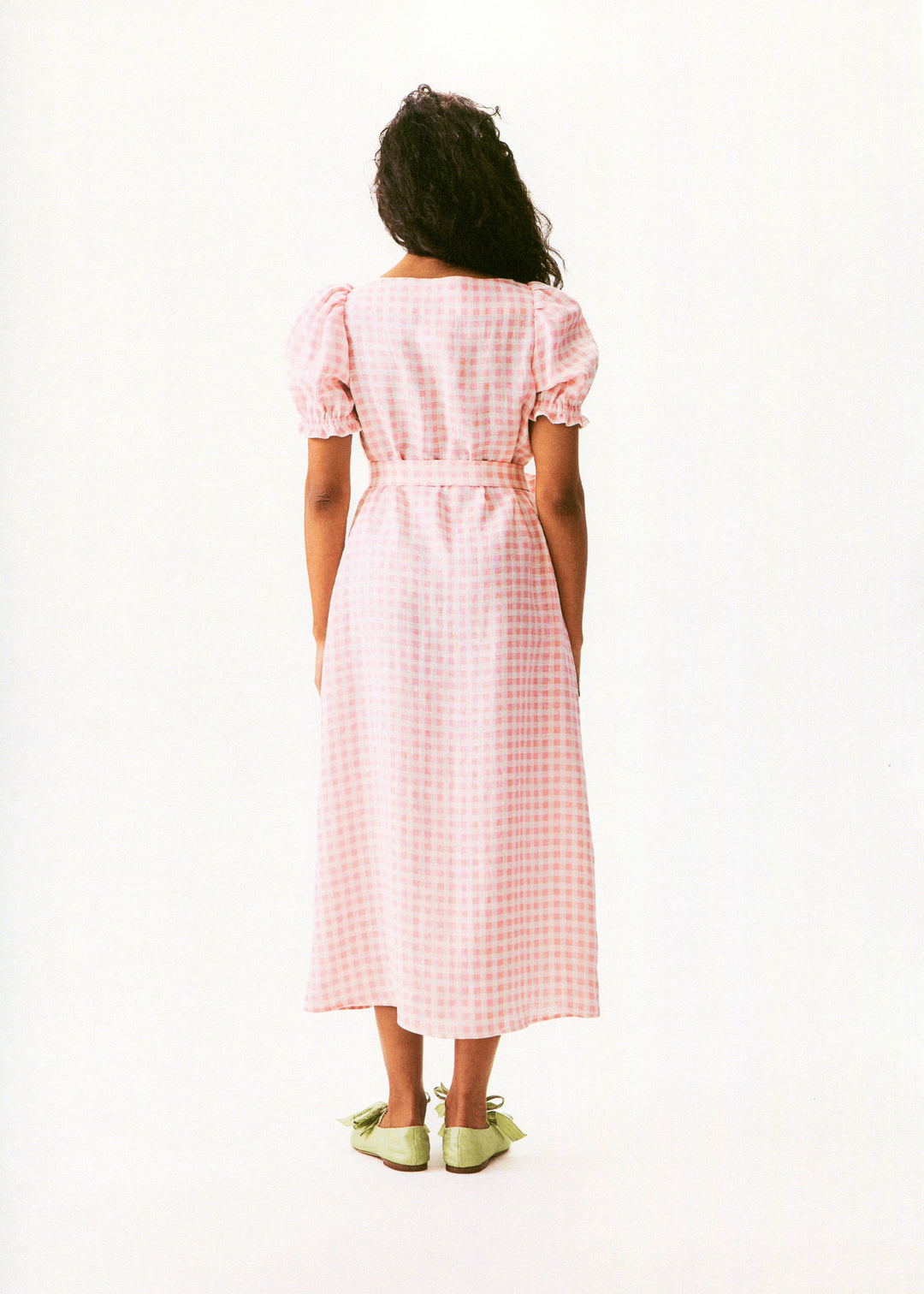 Brigitte Linen Midi Dress in Pink vichy