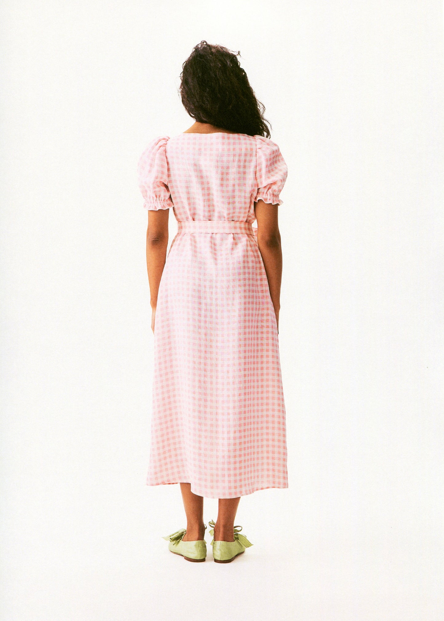 Brigitte Linen Midi Dress in Pink vichy