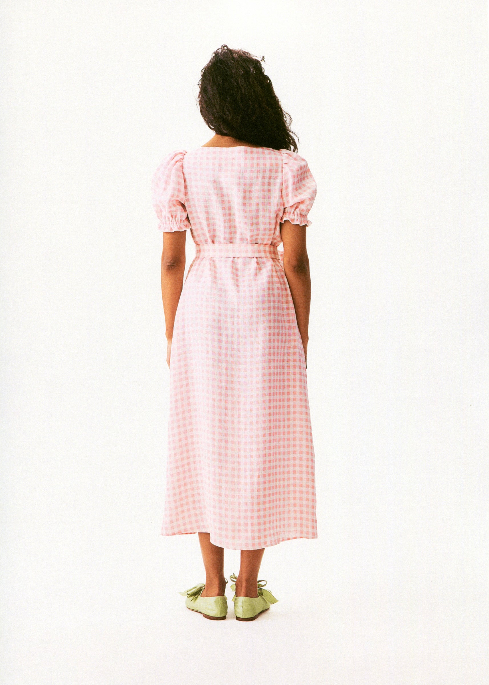 Brigitte Linen Midi Dress in Pink vichy