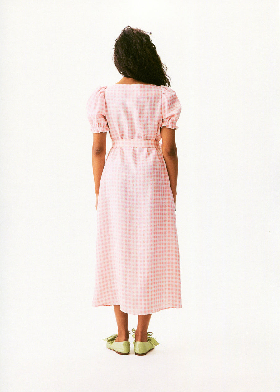 Brigitte Linen Midi Dress in Pink vichy
