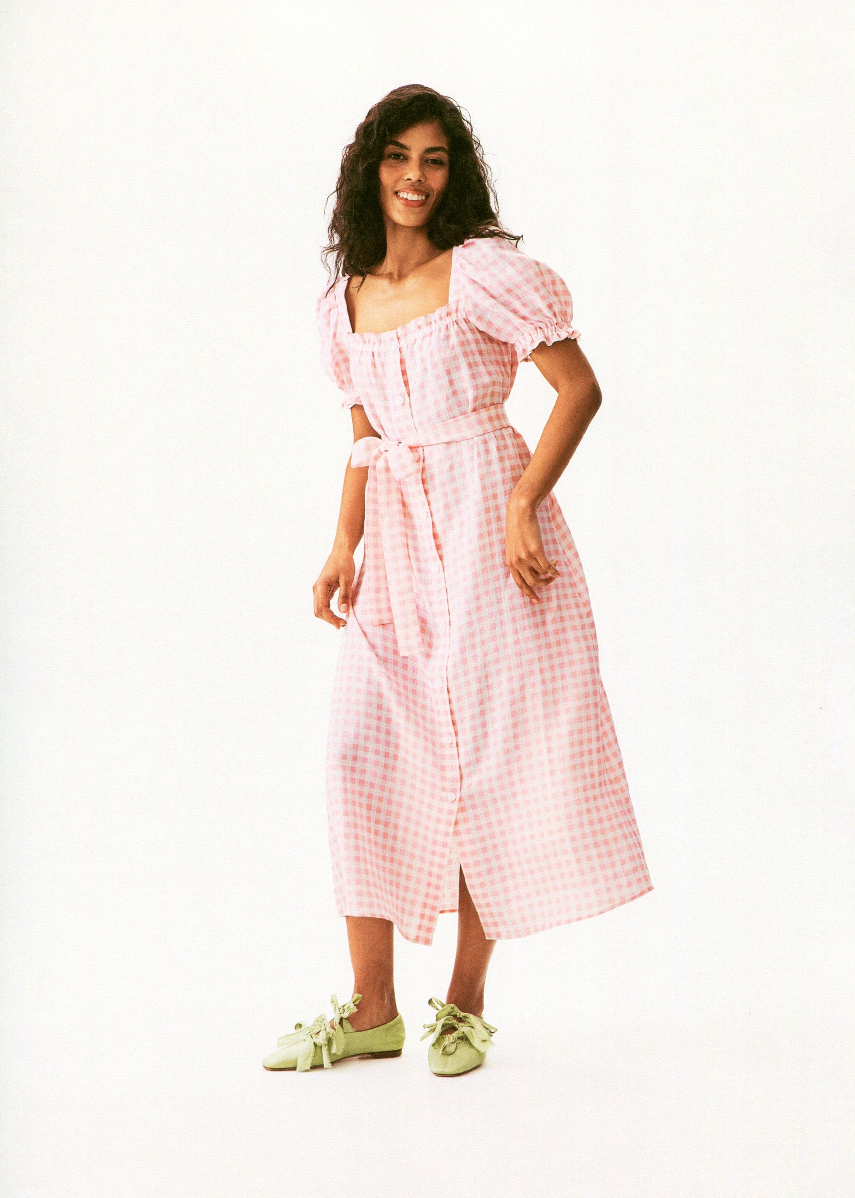 Brigitte Linen Midi Dress in Pink vichy