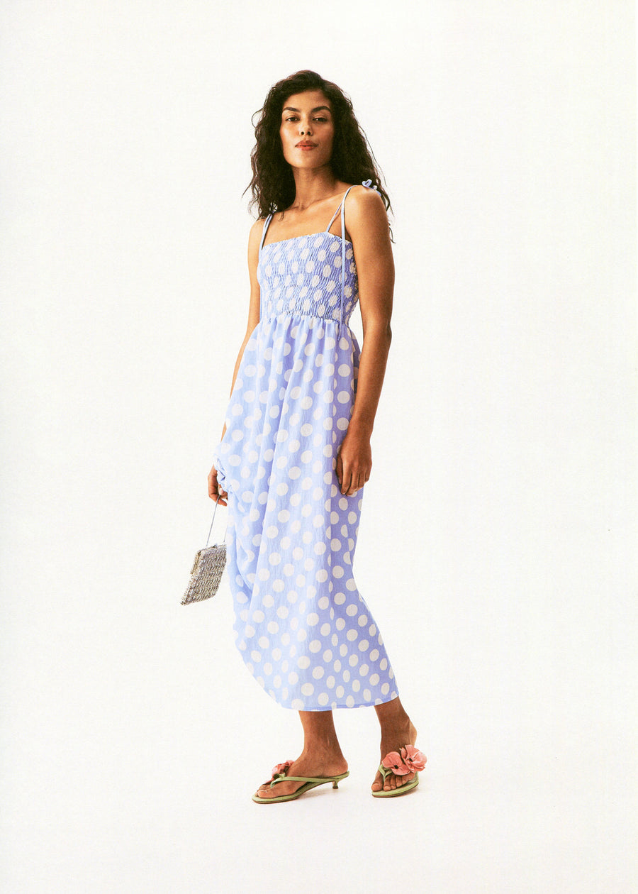 Atlanta Strap Dress with Rose in Blue and white polka dot