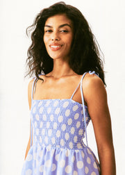 Atlanta Strap Dress with Rose in Blue and white polka dot