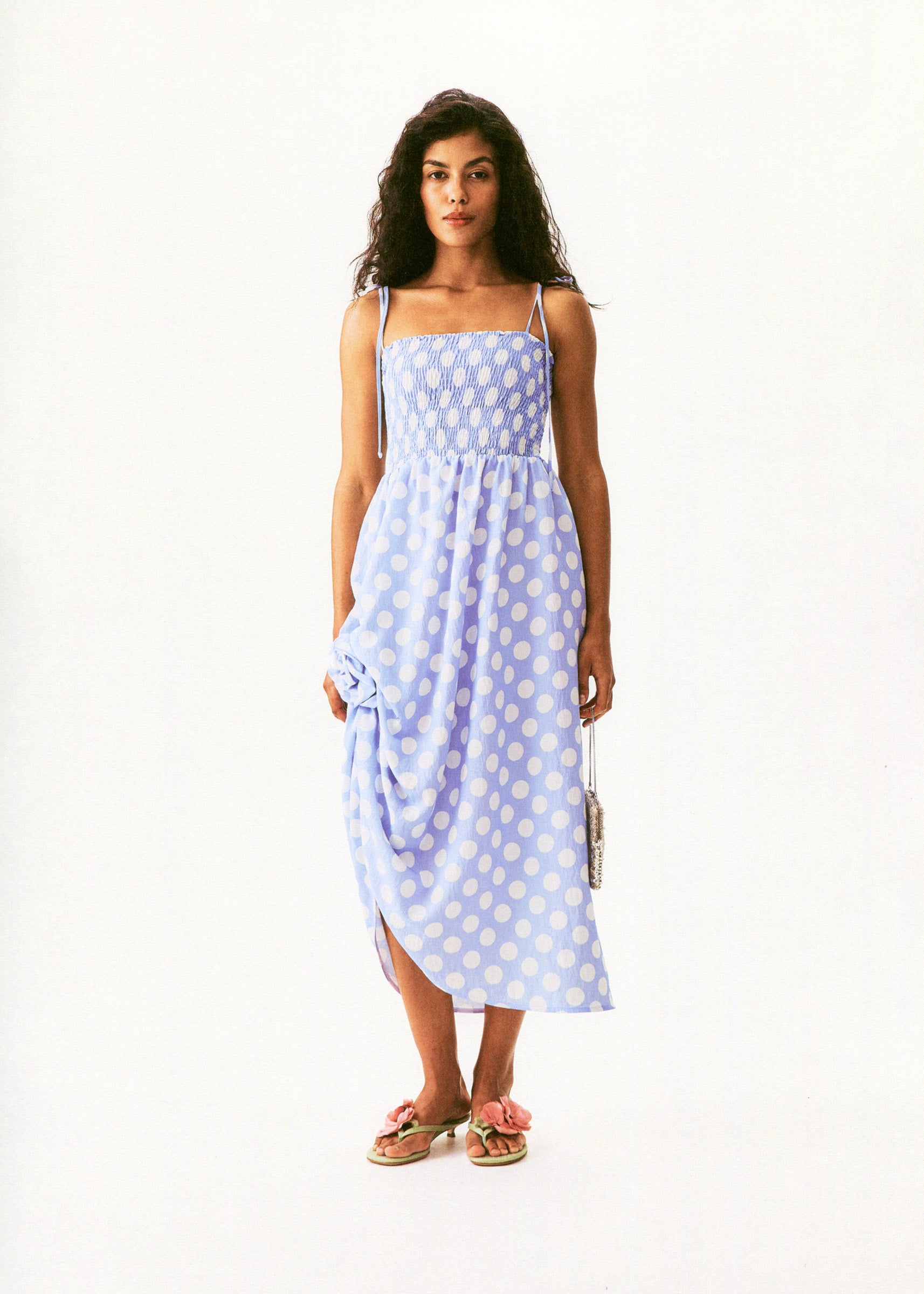 Atlanta Strap Dress with Rose in Blue and white polka dot