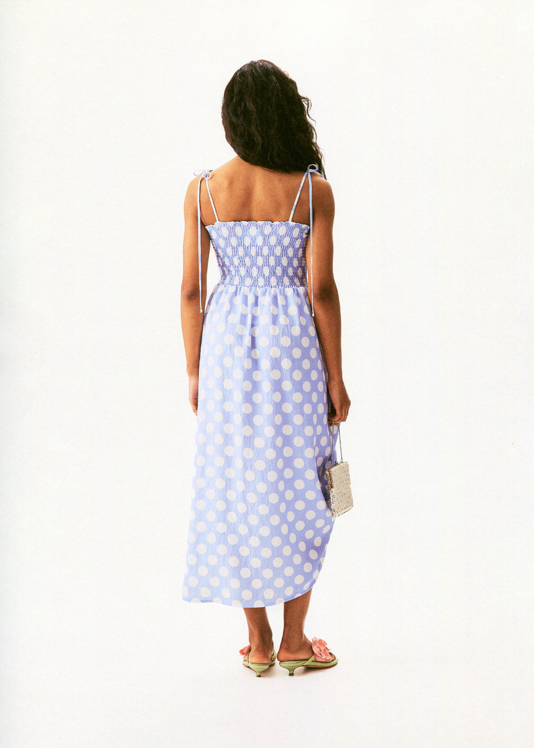 Atlanta Strap Dress with Rose in Blue and white polka dot
