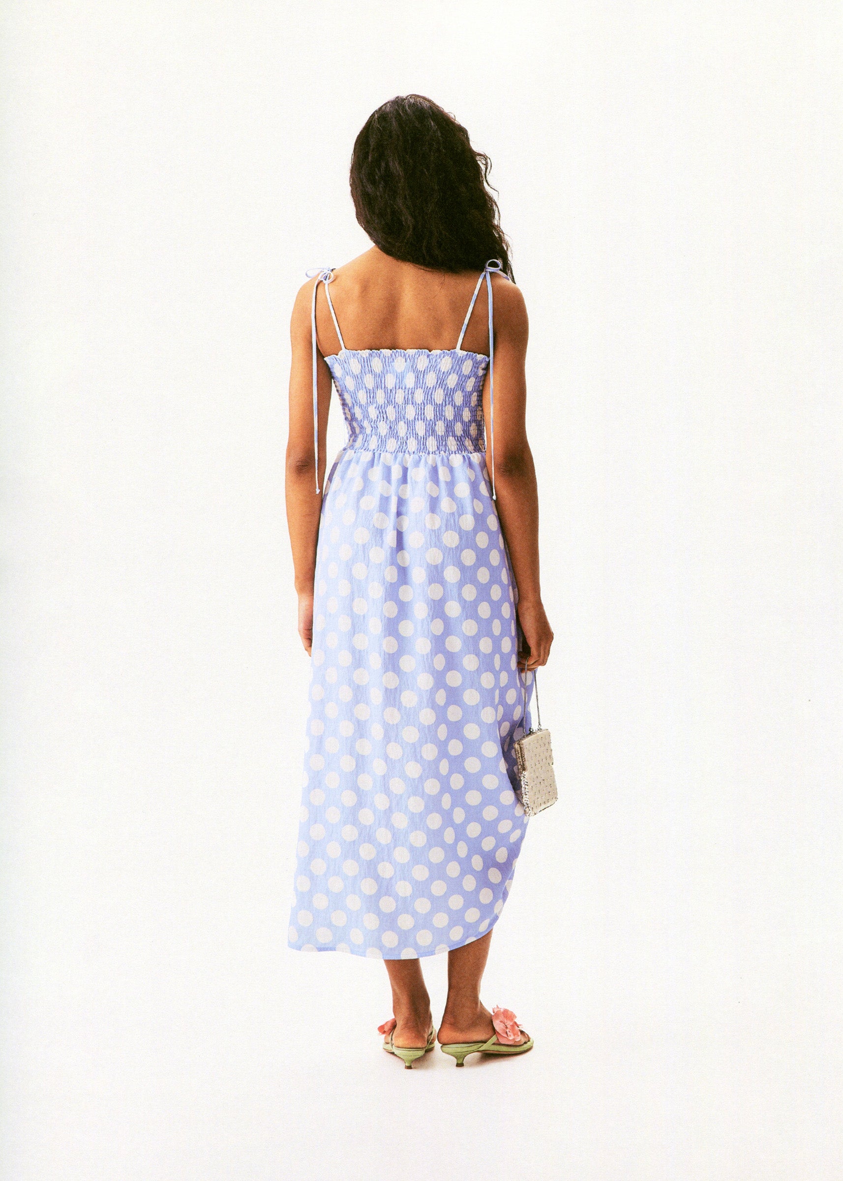 Atlanta Strap Dress with Rose in Blue and white polka dot