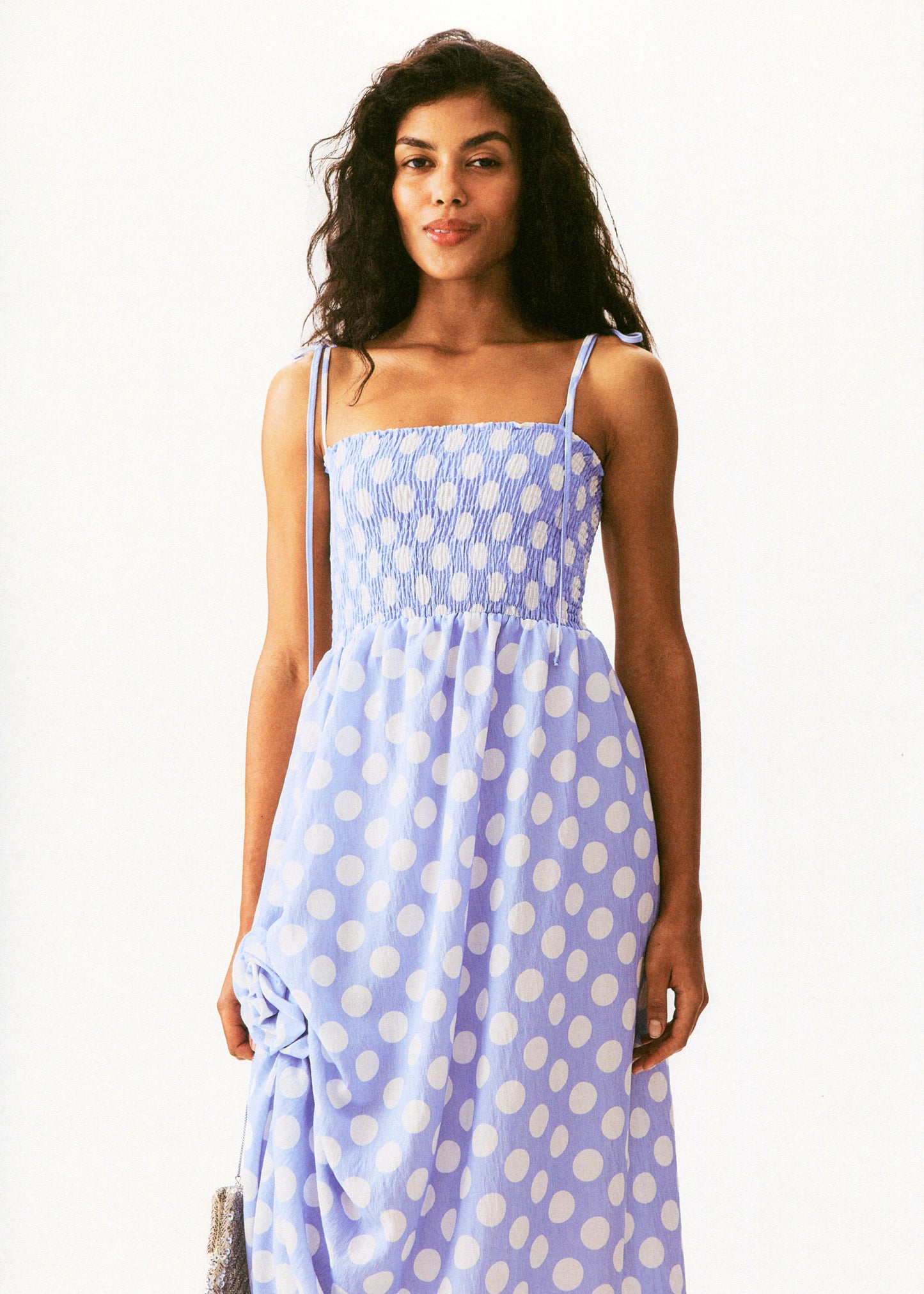 Atlanta Strap Dress with Rose in Blue and white polka dot