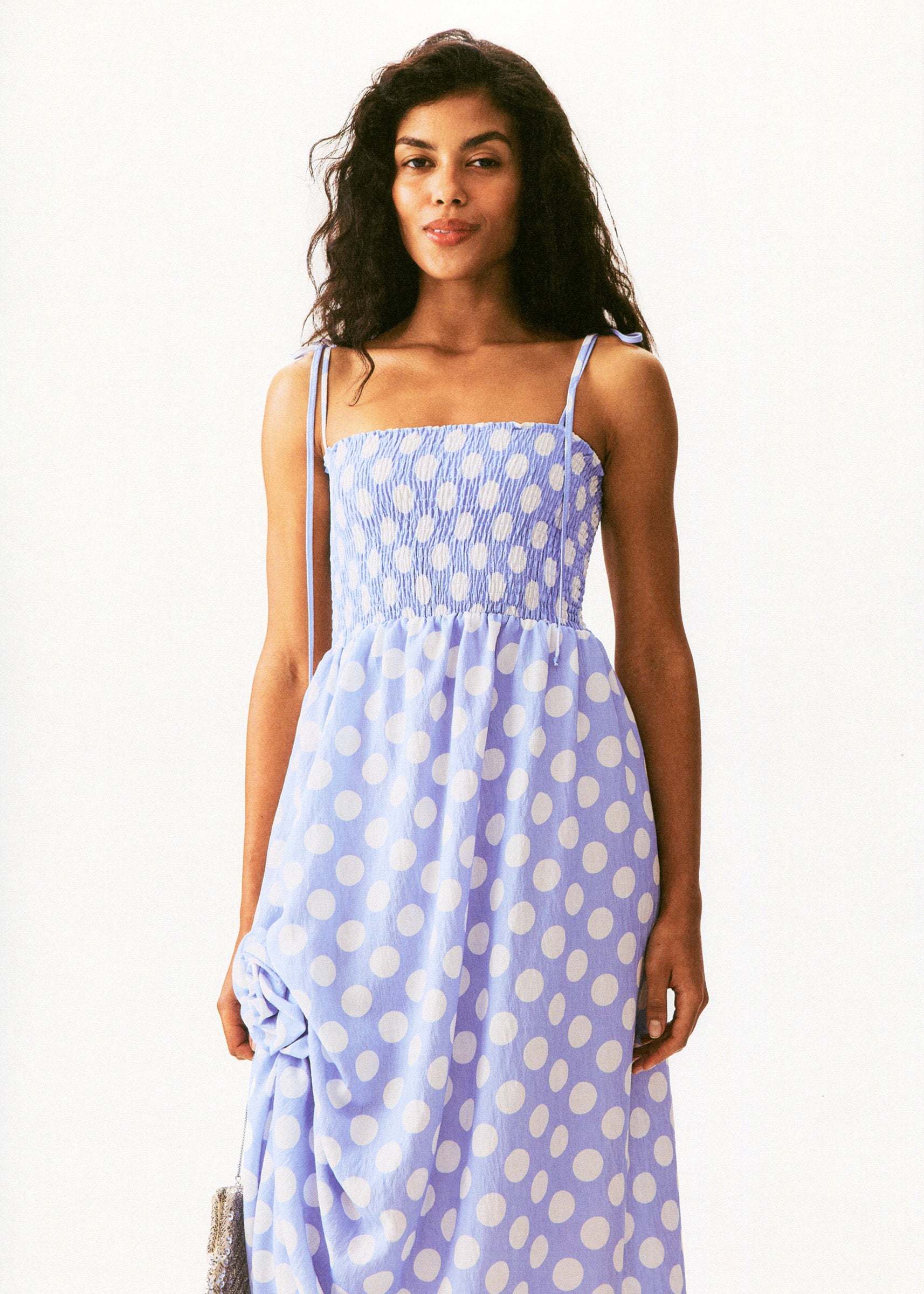 Atlanta Strap Dress with Rose in Blue and white polka dot
