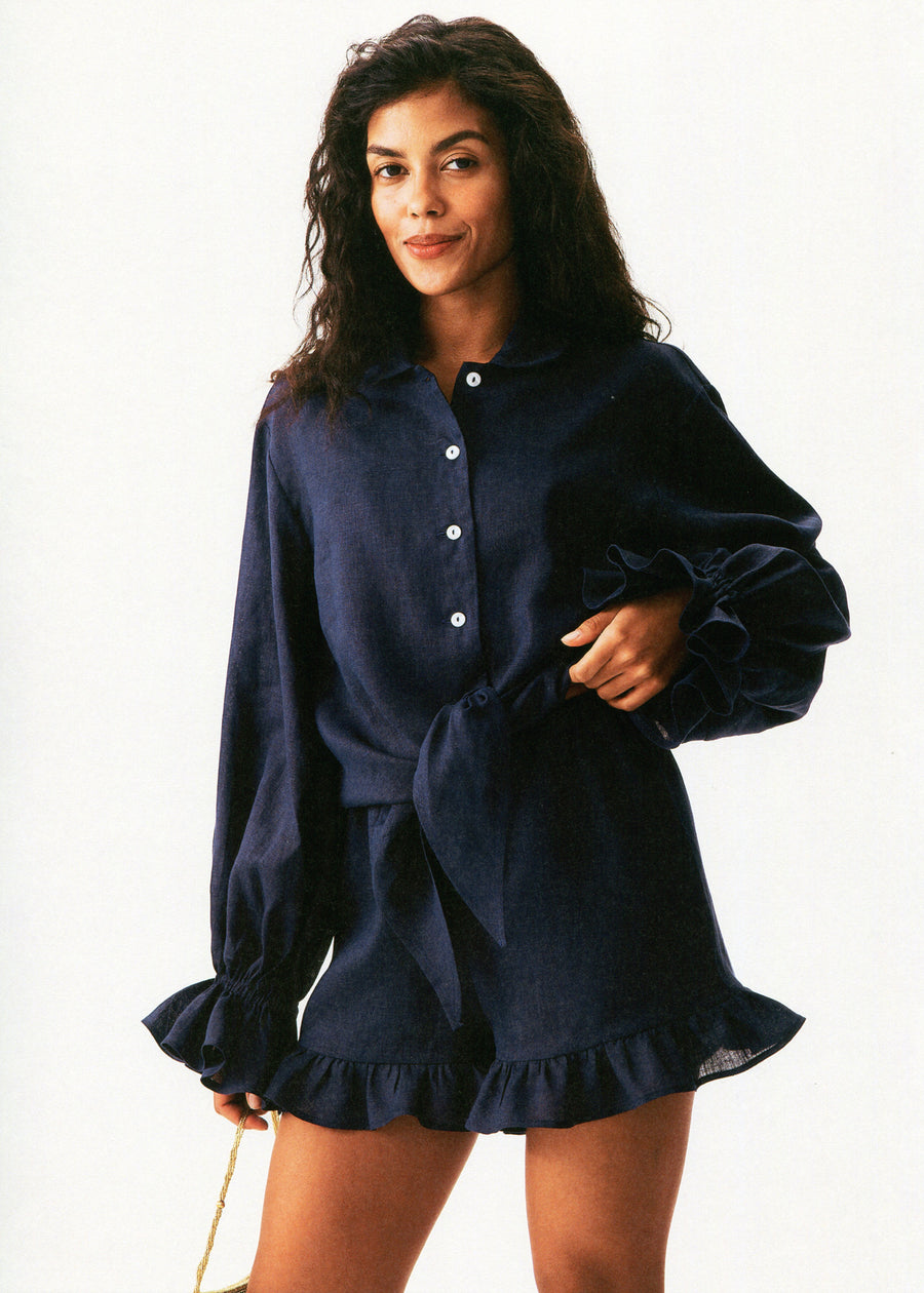 Puff Linen Lounge Shorts with Headscarf in Navy