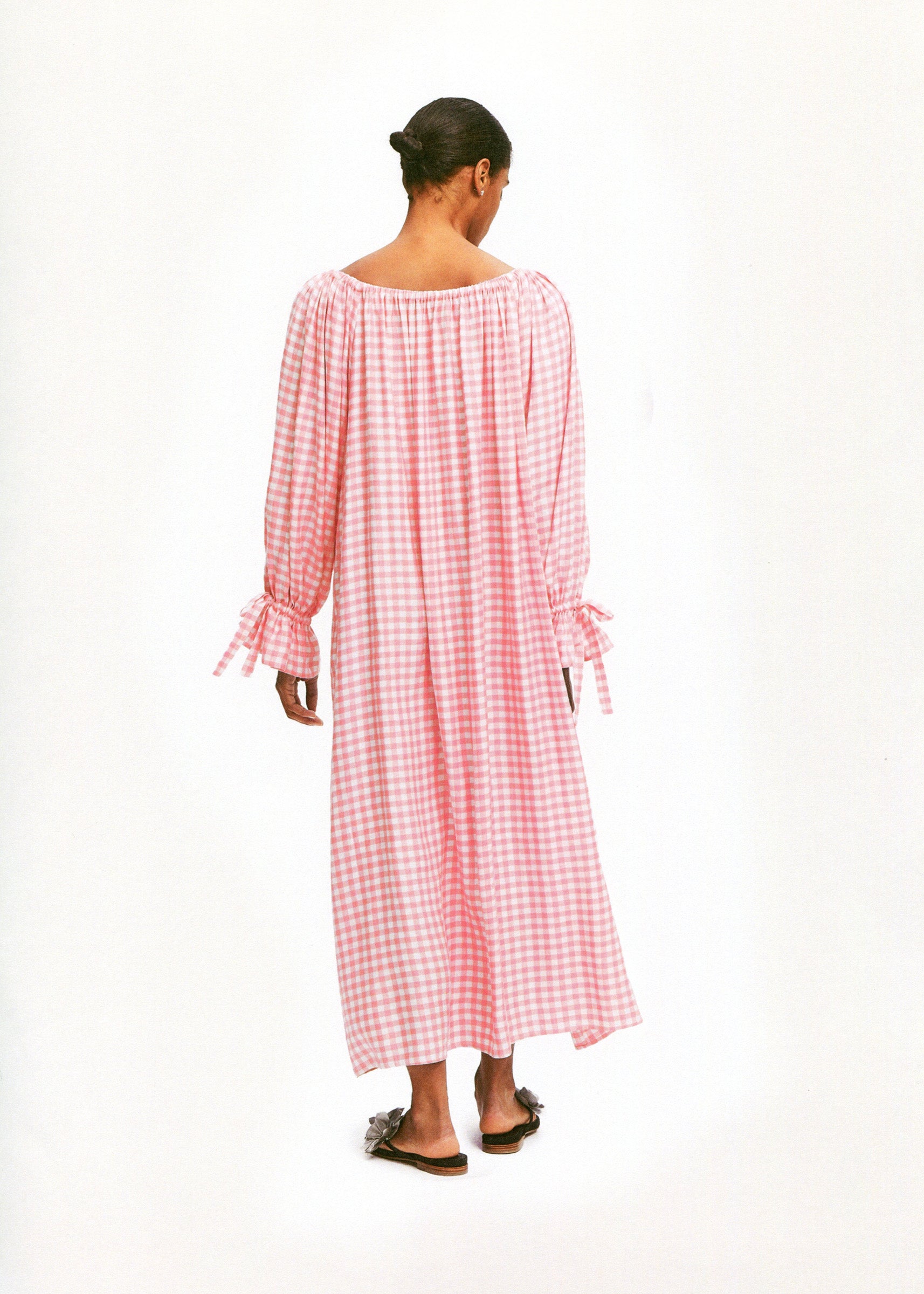 Cha-Cha Linen Maxi Dress in Pink Vichy with Hair Ribbon