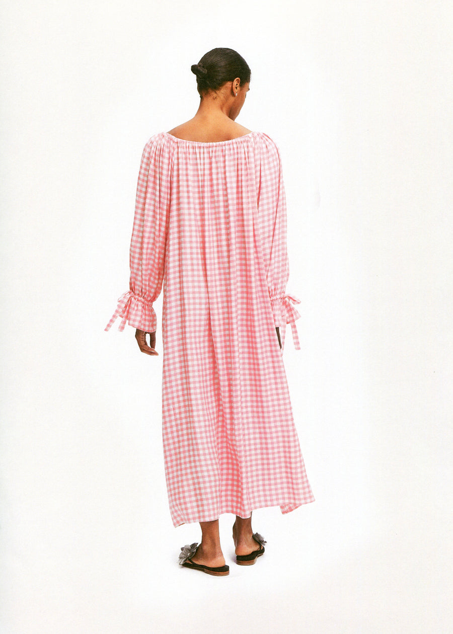 Cha-Cha Linen Maxi Dress in Pink Vichy with Hair Ribbon