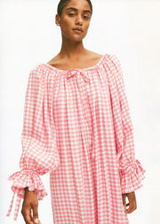 Cha-Cha Linen Maxi Dress in Pink Vichy with Hair Ribbon