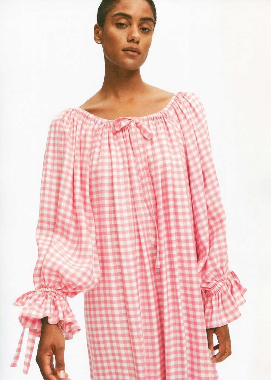 Cha-Cha Linen Maxi Dress in Pink Vichy with Hair Ribbon