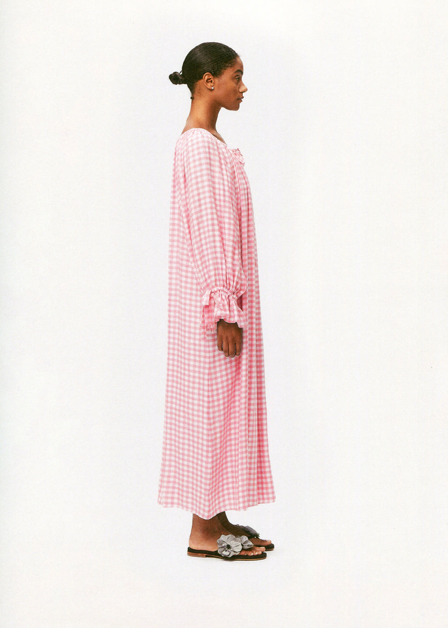 Cha-Cha Linen Maxi Dress in Pink Vichy with Hair Ribbon