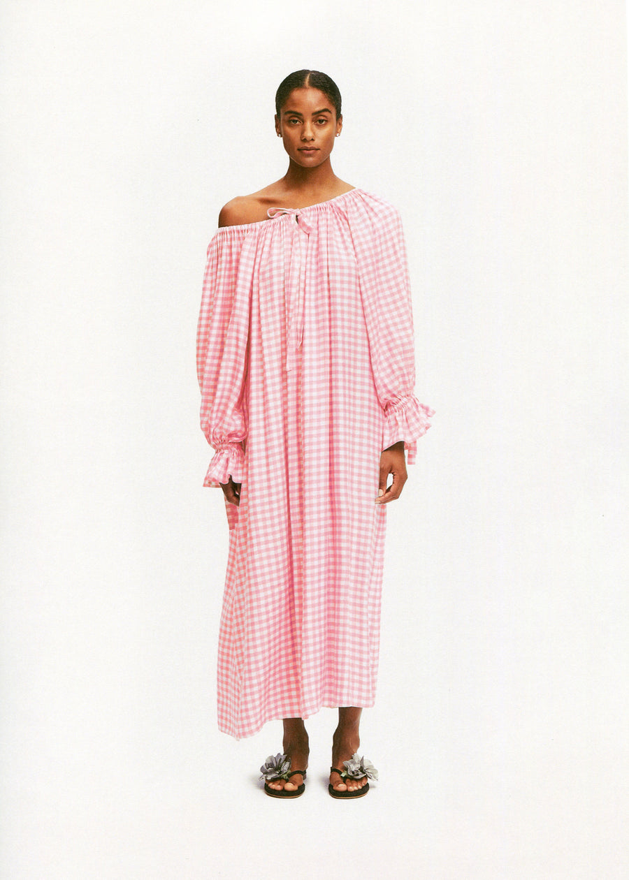 Cha-Cha Linen Maxi Dress in Pink Vichy with Hair Ribbon – Sleeper