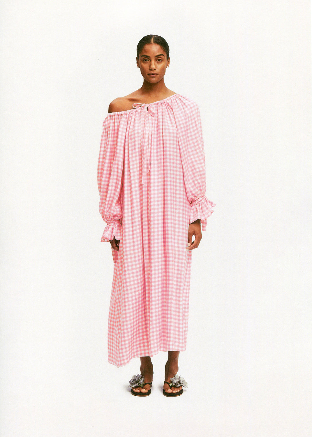 Cha-Cha Linen Maxi Dress in Pink Vichy with Hair Ribbon