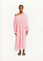 Cha-Cha Linen Maxi Dress in Pink Vichy with Hair Ribbon