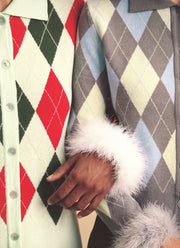 Argyle Cardigan with Feather Cuffs in mint