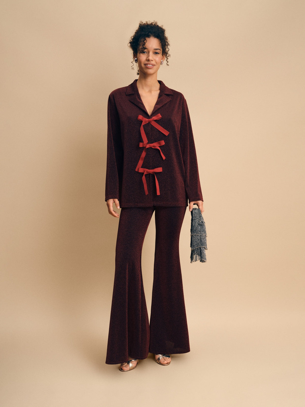 Stardust Lurex Lounge Suit in Burgundy — front full-length view
