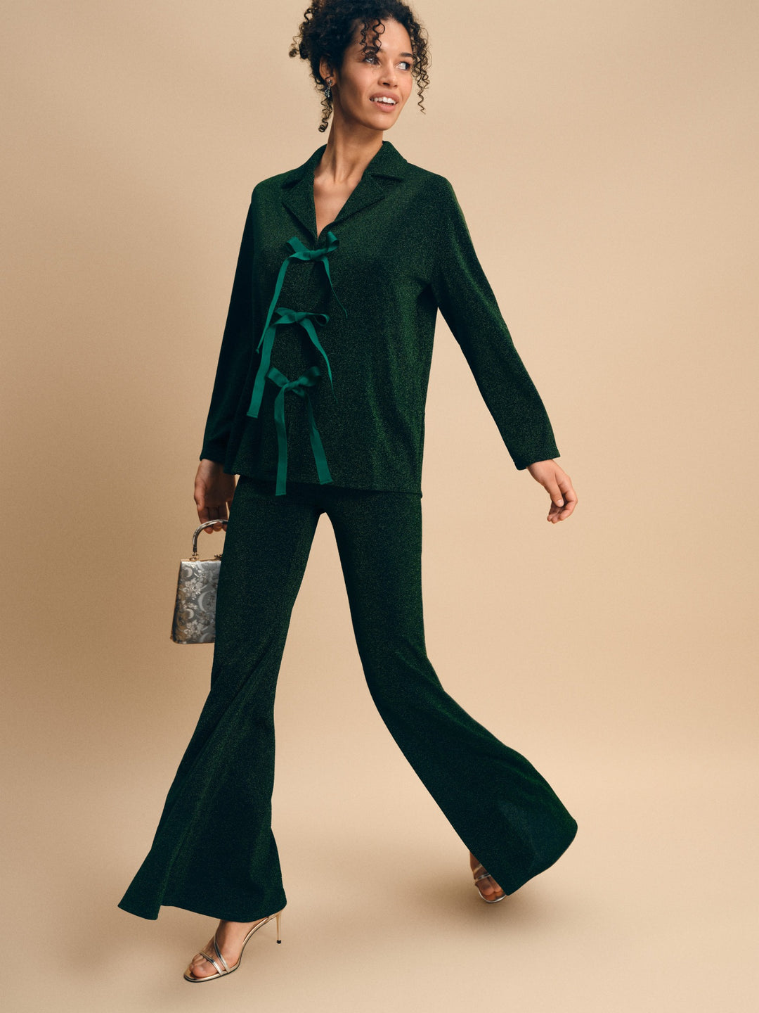 Stardust Lurex Lounge Suit in Green — full-length view in motion